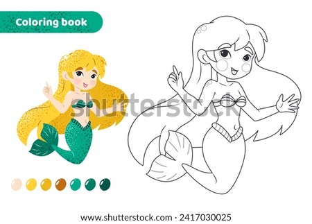 Coloring book for kids. Worksheet for drawing with cartoon mermaid. Cute magical creature with tail. Coloring page with color palette for children. Vector illustration. 