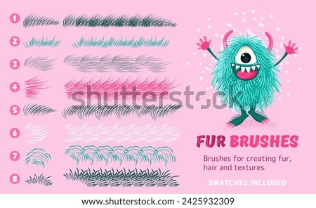 Fur brushes collection. isolated artistic strokes on background. Vector textured hand drawn brushes set for creating fur, hair, fluffy creatures. Swatches included. Eps 10. Abstract design kit.