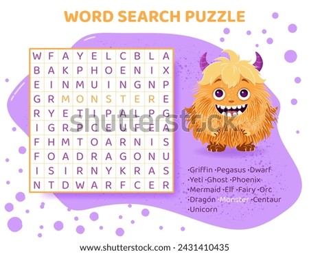 Word search puzzle with mythical animals. Magical creatures. Education game for children. Learning English language. Cartoon spelling puzzle. Test for kids. Crossword page. Vector illustration.