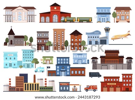 Set of various flat urban building icons. Isolated municipal courthouse, hospital, fire station, police, airport, factory, post office, pharmacy, bank on a white background. Vector illustrations.