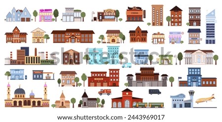 Big set of various flat urban building icons. Isolated municipal library, bank, pharmacy, post office, school, pet shop, museum, bakery, mosque, airport on a white background. Vector illustrations.