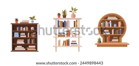 Various bookcases, book cabinets, shelves with stacks of educational books, plants and objects. isolated vector flat illustrations for book store, World Book Day, book fair designs.