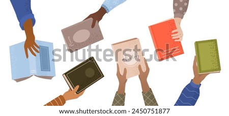 Book exchange or bookcrossing web banner. Education and knowledge concept, human hands holding various books on white background. Literature event, book club, World Book Day. Vector illustration.