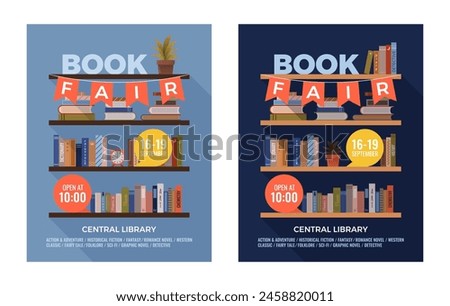 Set of book fair or festival vertical posters for advertising, promo, invitation, sale. Shelves with various books. Vector multicolored banner. Education and fun event concept. World book day.