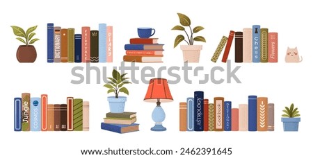 isolated stack and piles of various books. World book day. Vector set of educational books, plants, statuette, lamp. Grainy illustrations on white background for book festival, store, book fair.