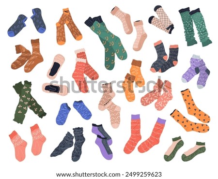 Big collection of trendy cotton, nylon, woolen, and sports socks with different patterns and textures. isolated flat illustrations on a white background. Clothing, apparel and garments set.