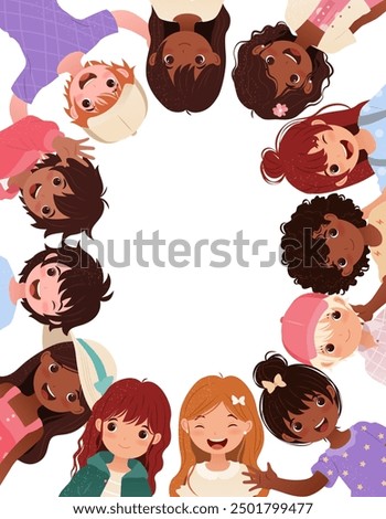 Banner with Multiracial Cartoon Kids. Vertical template with empty space for your text. Little boys and girls for educational designs, Back to School, greeting cards. Vector illustration with children