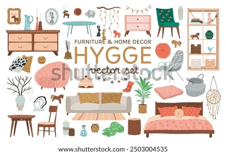 Scandinavian Home Interior, Furniture and Decor Set. Stylish Bedroom or Living Room Interior in Hygge Style. Cozy Modern Comfortable Apartment. Isolated Flat Vector Illustrations on white background.