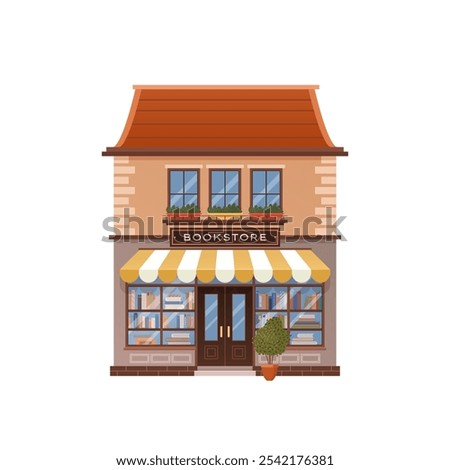 Facade of a bookstore building. A local bookshop with shelves full of various books. An isolated flat icon on a transparent background. Vector illustration.