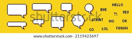 Pixel speech bubbles. Chat speech or dialogue. Set of empty pixelated speech bubbles. Vector illustration