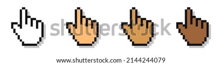 Pixel cursors. Cursor hand pointers. Computer mouse. 8-bit. Video game style. Vector illustration