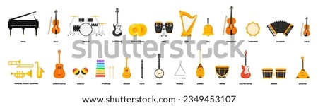 Set of musical instruments with names. Guitar, piano, violin, drums, etc. Vector.