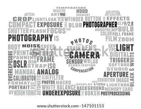 Tag cloud shaped as camera composed of words related to photography. Words in gray tones on white background