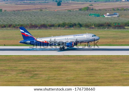 ZAGREB, CROATIA - SEPTEMBER 29, 2009: Russian Airlines Airbus A320 landing on International Airport Pleso runway. Aeroflot is among the world\'s leading companies by service reliability.