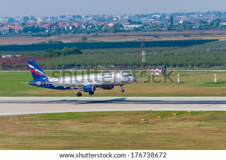 ZAGREB, CROATIA - SEPTEMBER 29, 2009: Russian Airlines Airbus A320 landing on International Airport Pleso runway. Aeroflot is among the world's leading companies by service reliability.