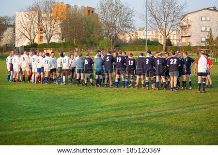 ZAGREB, CROATIA - MARCH 29, 2014: Friendly rugby match RC Zagreb Old Lions in white jersey (CRO) and Reigate RFC in blue jersey (UK). Unidentified players after the match.