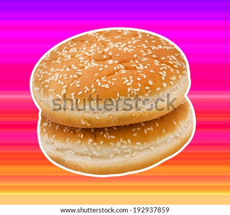 Two hamburger bun with sesame seeds with white outline on colourful gradient background.