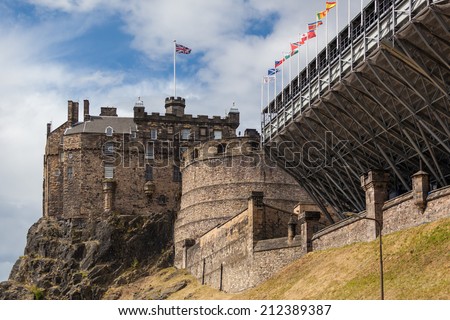 Outside view on Edinburgh castle and stands. Castle is most popular tourist attraction in Scotland.