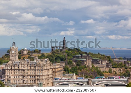 EDINBURGH, SCOTLAND: AUGUST 3, 2014: Panoramic view on city from Edinburgh Castle. Castle is most popular tourist attraction in Scotland.