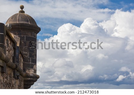 Turret on wall of Edinburgh Castle in Scotland with copy space on right side. Castle is most popular tourist attraction in Scotland.