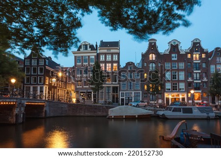 AMSTERDAM - NETHERLANDS: AUGUST 11, 2014: Night shot of typical Amsterdam houses at Prinsengracht.