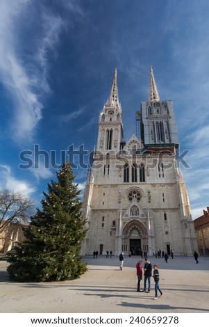 ZAGREB, CROATIA - DECEMBER 24, 2014: Christmas tree in front of The Cathedral of Assumption of the Blessed Virgin Mary.