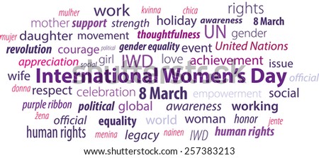 Word cloud made of words concerning International Women\'s Day. Pink words on white background.