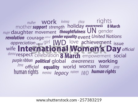 Word cloud made of words concerning International Women\'s Day. Dark violet words on violet background.