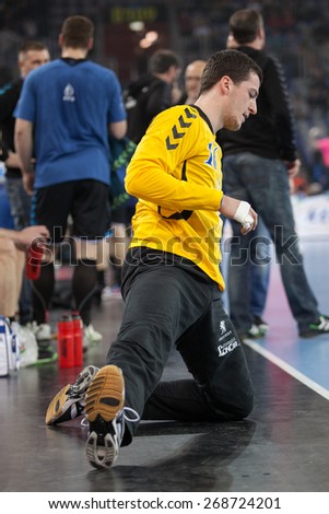 ZAGREB, CROATIA - APRIL 9, 2015: EHF Men\'s Champions League - Quarter final match between HC Zagreb PPD and HC Barcelona. IVIC Filip (GK-16)  warming up before the match.