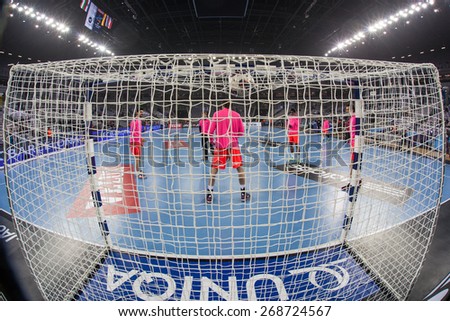 ZAGREB, CROATIA - APRIL 9, 2015: EHF Men\'s Champions League - Quarter final match between HC Zagreb PPD and HC Barcelona. Barcelona\'s players warming up before the match.