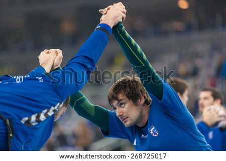 ZAGREB, CROATIA - APRIL 9, 2015: EHF Men\'s Champions League - Quarter final match between HC Zagreb PPD and HC Barcelona. HORVAT Zlatko (18) warming up before the match.