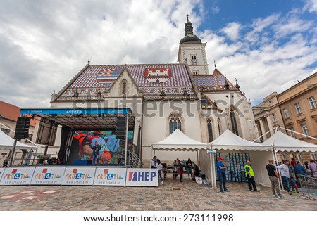 ZAGREB, CROATIA - APRIL 26, 2015: Tour of Croatia, Stage 5 in Zagreb. Ceremony stage in front of the St. Mark's Church.