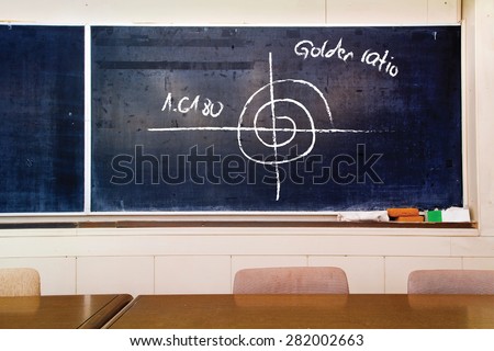 Schematic and Golden ratio number written on very old scratched school board