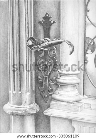Pen drawing of old doors and knobs of old houses at Zagreb\'s Old town (Croatia).