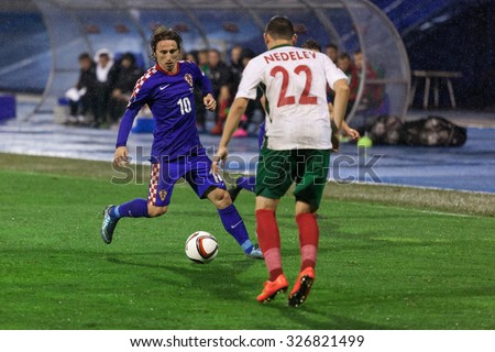 ZAGREB, CROATIA - OCTOBER 10, 2015: EURO 2016 qualifiers, group H - Croatia VS Bulgaria. Luka MODRIC (10) and Todor NEDELEV (22)