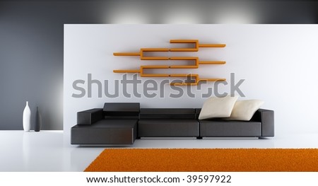 Modern Living Room Setting - couch, rack and carpet