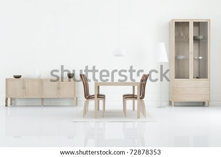 Living Room Setting - table, chair and rack to face a blank wall, cgi