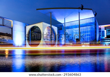 Berlin, Germany - July 03, 2015. Part of the german chancellery building (Marie Elisabeth Lueders House) on the river Spree in the government district in Berlin at night.