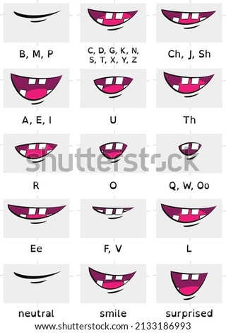 15 illustrated trendy mouth shapes for animated characters or animals - visemes and phonemes - English
