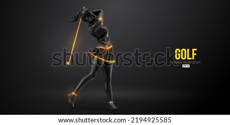 Abstract silhouette of a golf player on black background. Golfer woman hits the ball. Vector illustration