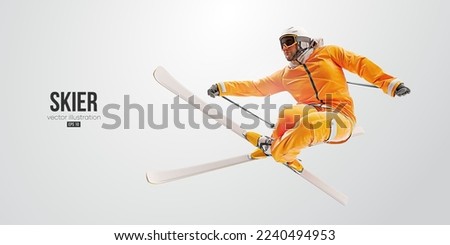 Realistic silhouette of a skiing on white background. The skier man doing a trick. Carving Vector illustration