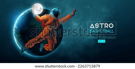 Basketball player astronaut in space action and Earth, Moon planets on the background of the space. Vector illustration