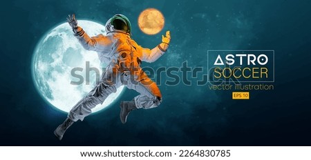 Soccer football player astronaut in space action and Moon, Mars planets on the background of the space. Vector illustration