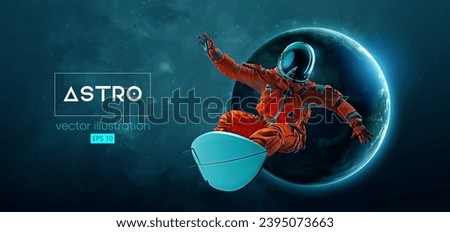 Abstract silhouette of a surfer, astronaut in space action and Earth, Mars, planets on the background of the space. Vector 3d render illustration