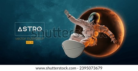 Abstract silhouette of a surfer, astronaut in space action and Earth, Mars, planets on the background of the space. Vector 3d render illustration