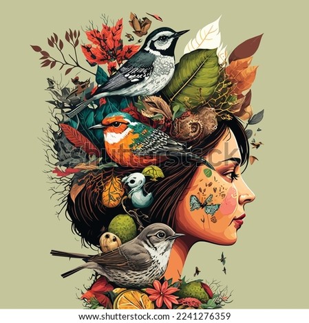 illustration of girl with flower on her head and birds vector isolated