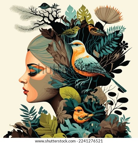 illustration of girl with flower on her head and birds vector isolated