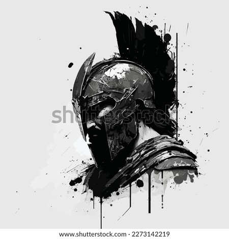 illustration of a roman warrior in Battle dress and helmet isolated on a white background with splatter effect. Vector t-shirt print. Vector illustration	