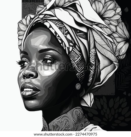 abstract african american woman wearing turban with african pattern. black and white. vector illustration. for fashion design and tshirt print