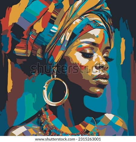 abstract african woman wearing turban with african pattern. black and white. vector illustration. for fashion design and tshirt print